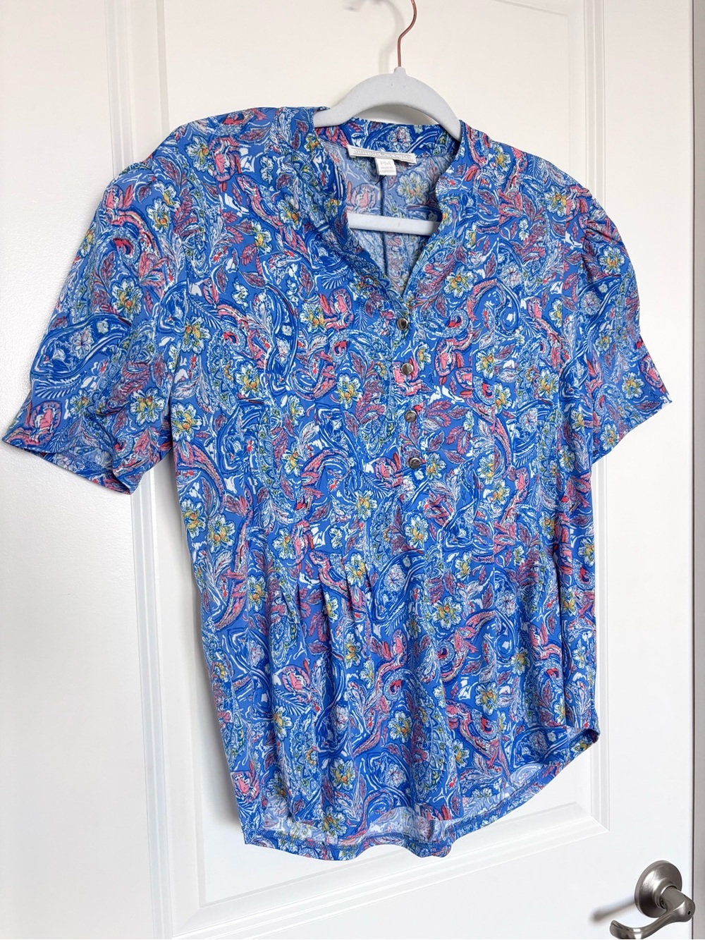 Paisley Floral Stretch Blouse Blue Pink Cottagecore Boho PM Juniper + Lime